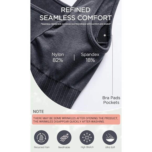 Women's Stone Washing Black Square Neck Low Back Ribbed Cropped Sports Bra - Picture 5 of 5